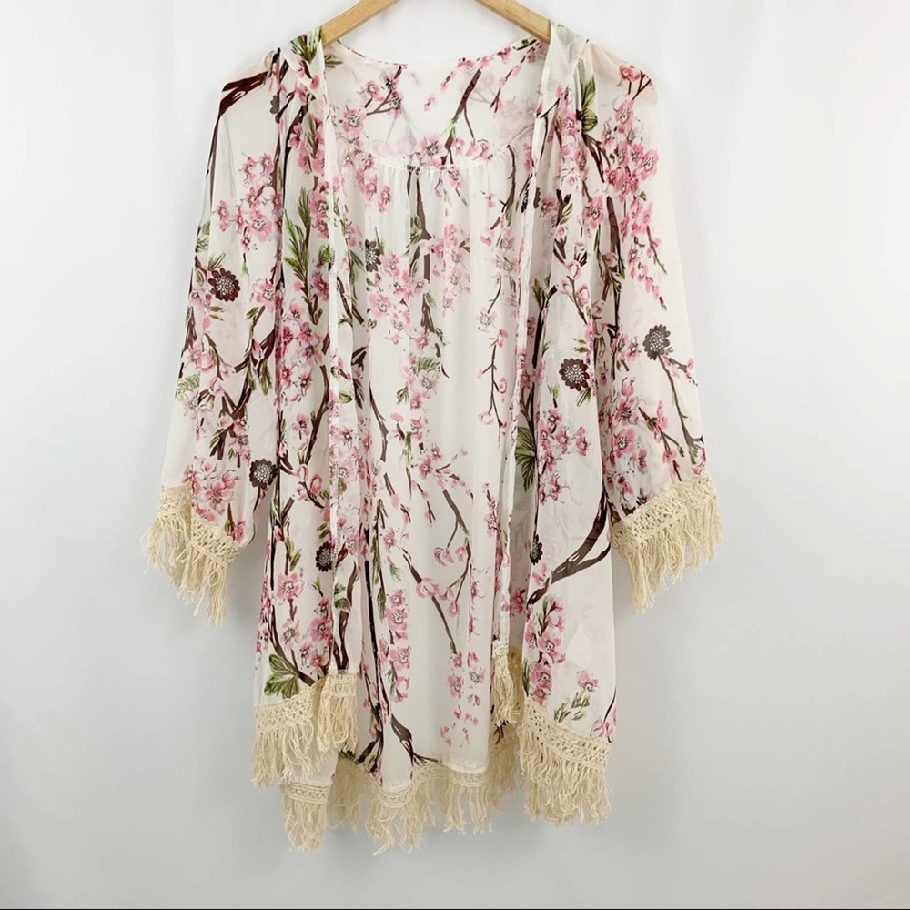 White and Pink Floral Kimono with Fringe L